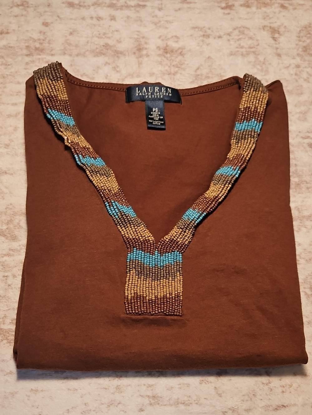 Lauren Ralph Lauren Brown V-Neck Sweater with Beaded Trim